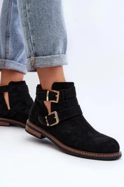 Damskie Botki Na Płaskim Obcasie Z Paskami Czarne Melviana