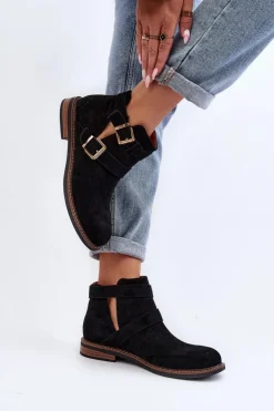 Damskie Botki Na Płaskim Obcasie Z Paskami Czarne Melviana