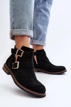 Damskie Botki Na Płaskim Obcasie Z Paskami Czarne Melviana