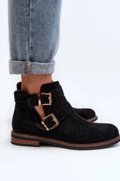 Damskie Botki Na Płaskim Obcasie Z Paskami Czarne Melviana