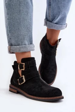 Damskie Botki Na Płaskim Obcasie Z Paskami Czarne Melviana