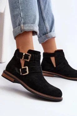 Damskie Botki Na Płaskim Obcasie Z Paskami Czarne Melviana