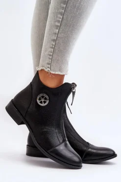 Damskie Botki Na Płaskim Obcasie Z Zamkiem Czarne Loratie