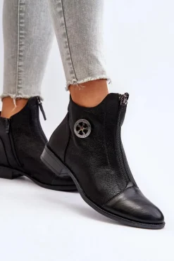 Damskie Botki Na Płaskim Obcasie Z Zamkiem Czarne Loratie