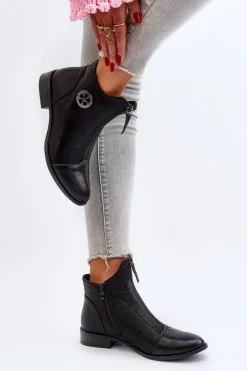 Damskie Botki Na Płaskim Obcasie Z Zamkiem Czarne Loratie