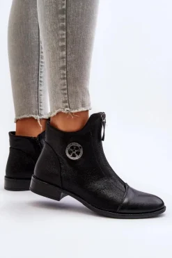 Damskie Botki Na Płaskim Obcasie Z Zamkiem Czarne Loratie