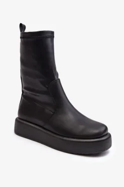 Damskie Botki Na Platformie Ekoskóra Czarne Algedi