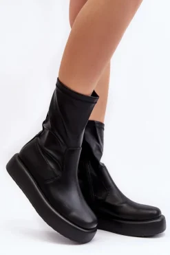 Damskie Botki Na Platformie Ekoskóra Czarne Algedi