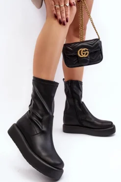 Damskie Botki Na Platformie Ekoskóra Czarne Algedi