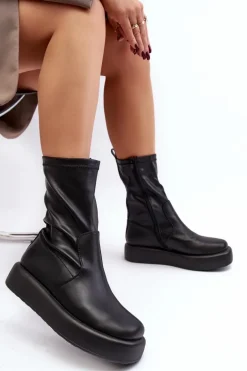 Damskie Botki Na Platformie Ekoskóra Czarne Algedi