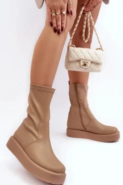 Damskie Botki Na Platformie Ekoskóra Beżowe Algedi