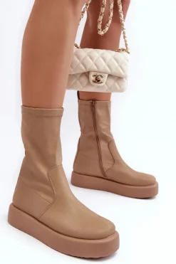 Damskie Botki Na Platformie Ekoskóra Beżowe Algedi