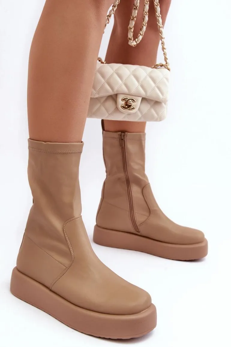 Damskie Botki Na Platformie Ekoskóra Beżowe Algedi