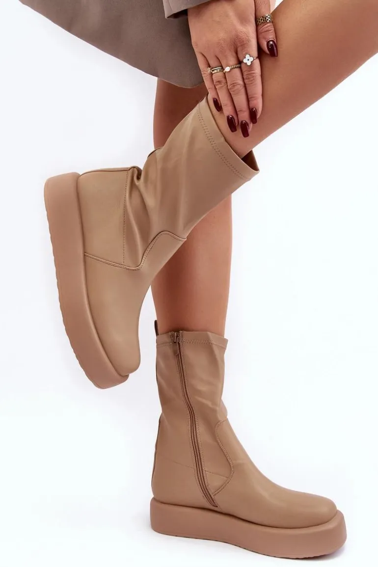 Damskie Botki Na Platformie Ekoskóra Beżowe Algedi