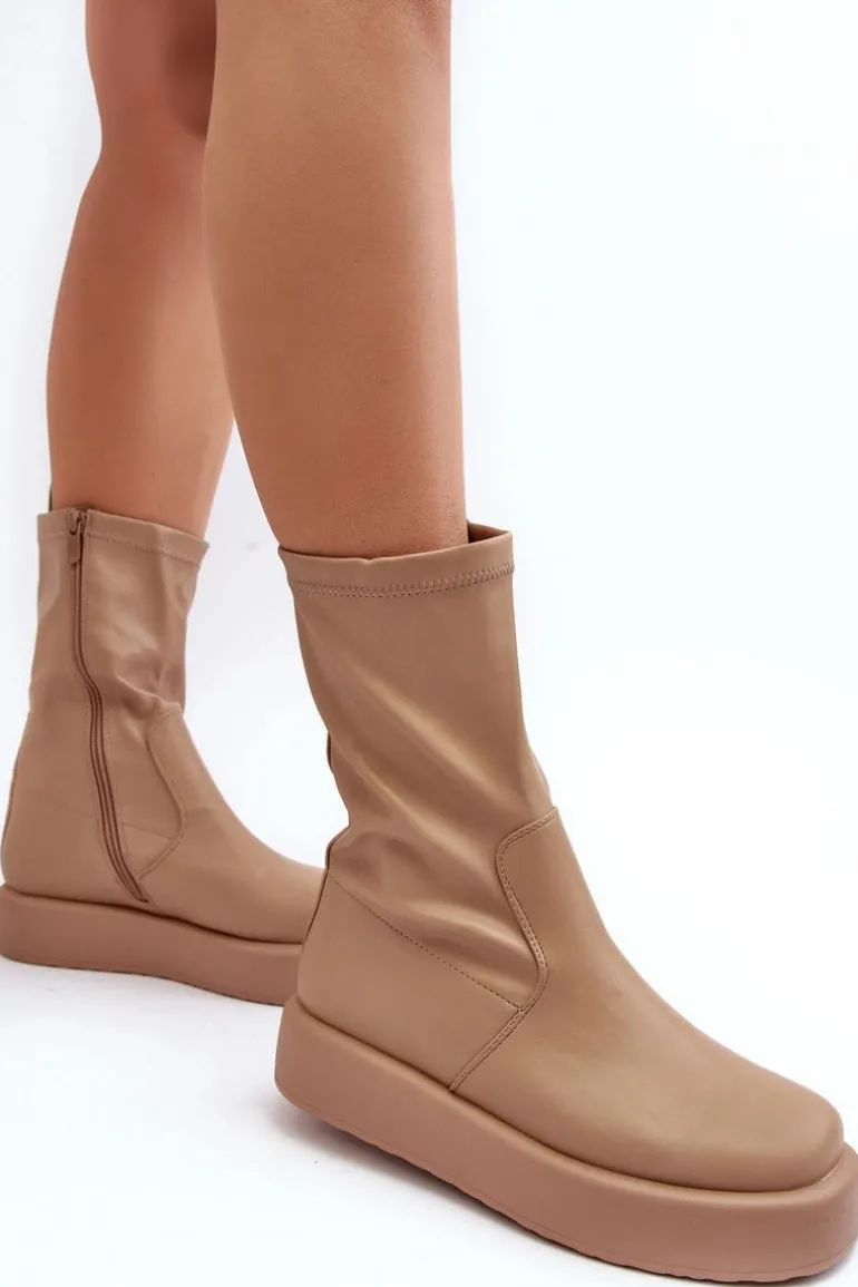 Damskie Botki Na Platformie Ekoskóra Beżowe Algedi