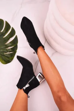 Damskie Botki Na Srebrnym Obcasie Zamszowe Czarne Norah