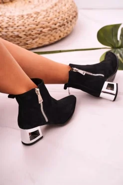 Damskie Botki Na Srebrnym Obcasie Zamszowe Czarne Norah