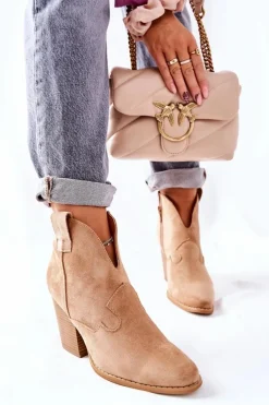 Damskie Botki Na Słupku Beżowe Meronet