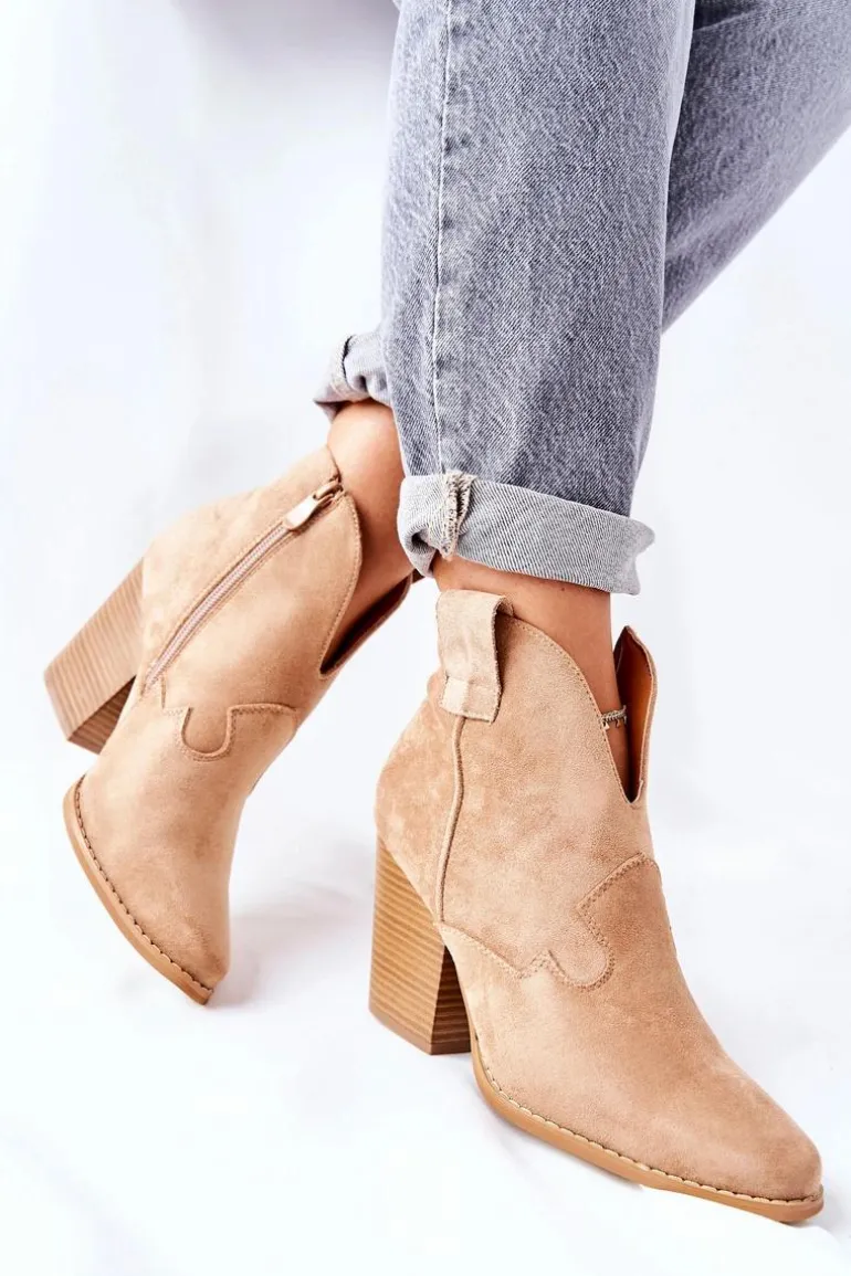 Damskie Botki Na Słupku Beżowe Meronet