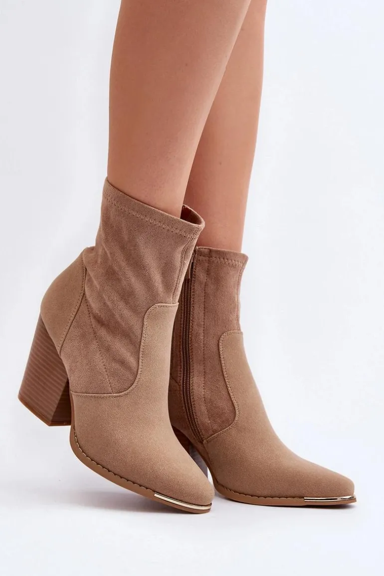 Damskie Botki Na Słupku Beżowe Sanile