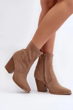 Damskie Botki Na Słupku Beżowe Sanile