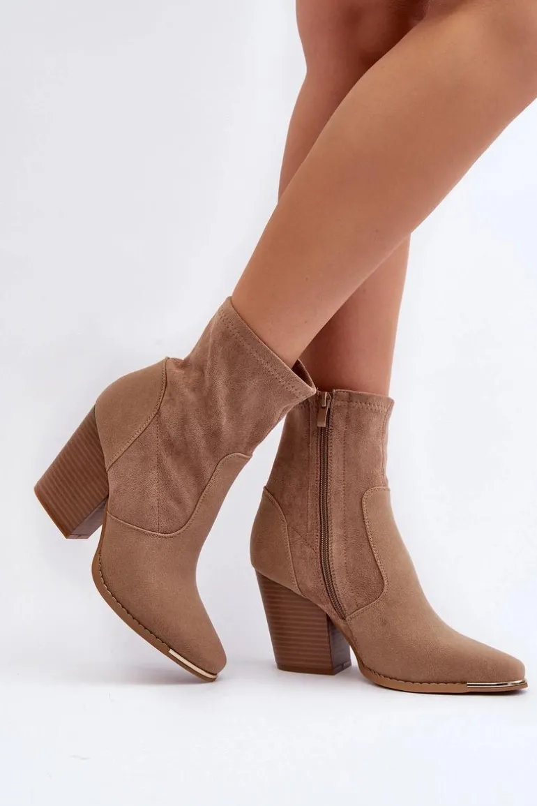 Damskie Botki Na Słupku Beżowe Sanile