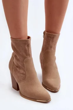 Damskie Botki Na Słupku Beżowe Sanile