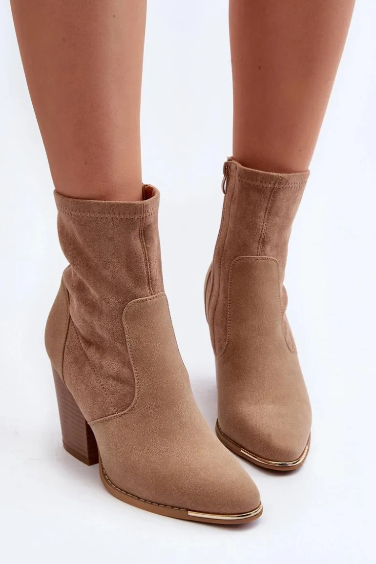 Damskie Botki Na Słupku Beżowe Sanile