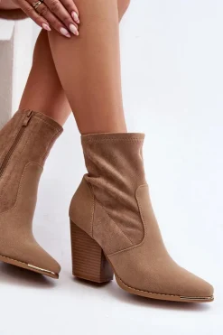 Damskie Botki Na Słupku Beżowe Sanile