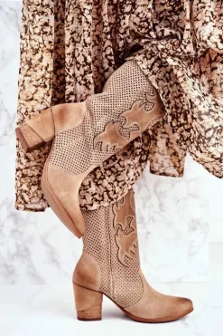 Damskie Botki Na Słupku Beżowe Skórzane Wysokie Rosemary