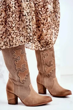 Damskie Botki Na Słupku Beżowe Skórzane Wysokie Rosemary