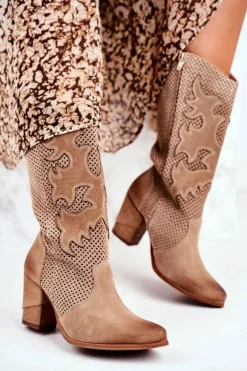 Damskie Botki Na Słupku Beżowe Skórzane Wysokie Rosemary