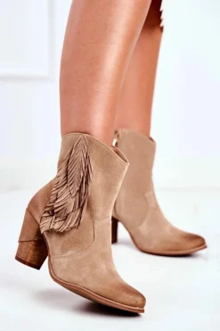 Damskie Botki Na Słupku Beżowe Skórzane Quintana