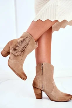 Damskie Botki Na Słupku Beżowe Skórzane Quintana