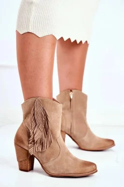 Damskie Botki Na Słupku Beżowe Skórzane Quintana