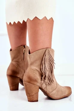 Damskie Botki Na Słupku Beżowe Skórzane Quintana