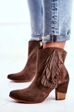 Damskie Botki Na Słupku Cappuccino Skórzane Quintana