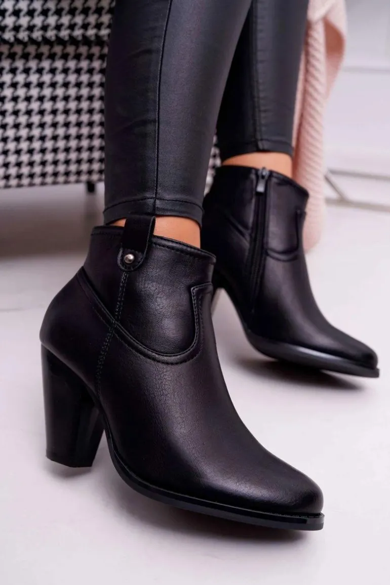 Damskie Botki Na Słupku Czarne Memfis