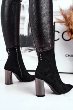 Damskie Botki Na Słupku Czarne Trens