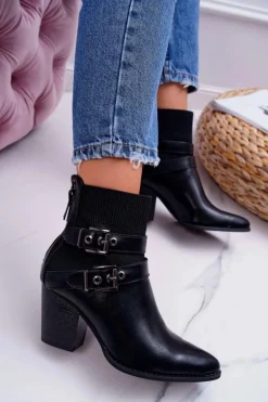Damskie Botki Na Słupku Klamry W Szpic Czarne Fello