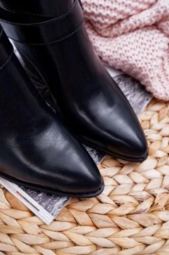 Damskie Botki Na Słupku Klamry W Szpic Czarne Fello