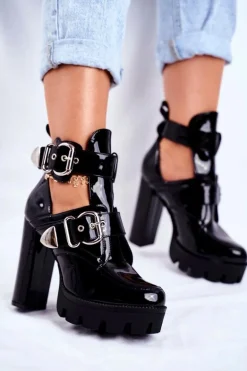 Damskie Botki Na Słupku Lakierowane Czarne Rock Time!