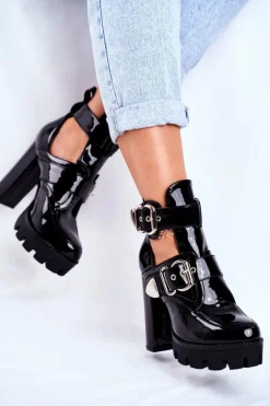 Damskie Botki Na Słupku Lakierowane Czarne Rock Time!