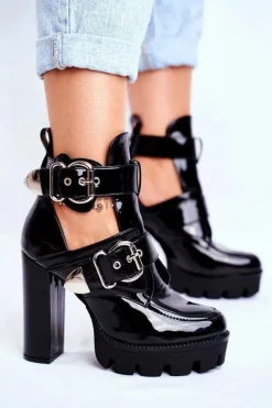 Damskie Botki Na Słupku Lakierowane Czarne Rock Time!