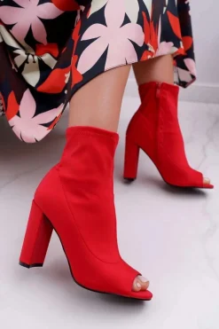 Damskie Botki Na Słupku Lycra Odkryte Palce Czerwone First