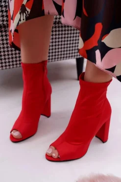 Damskie Botki Na Słupku Lycra Odkryte Palce Czerwone First