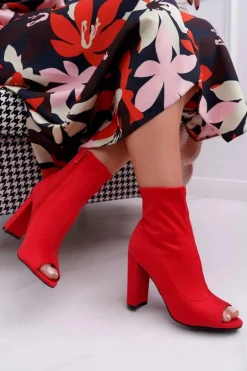 Damskie Botki Na Słupku Lycra Odkryte Palce Czerwone First