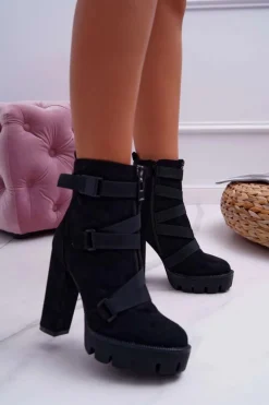 Damskie Botki Na Słupku Ocieplane Czarne Zamszowe Guiness