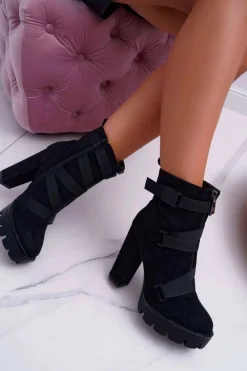 Damskie Botki Na Słupku Ocieplane Czarne Zamszowe Guiness