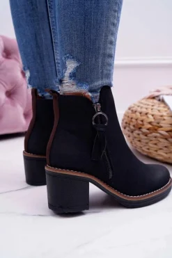 Damskie Botki Na Słupku Ocieplane Filcem Czarne Delia